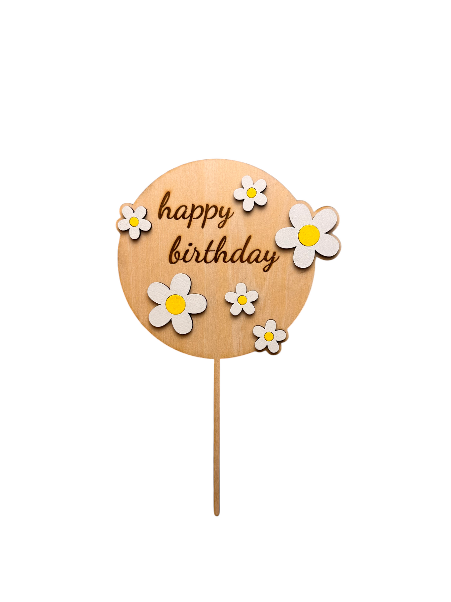 Rustic Wooden Happy Birthday Cake Topper with Daisies