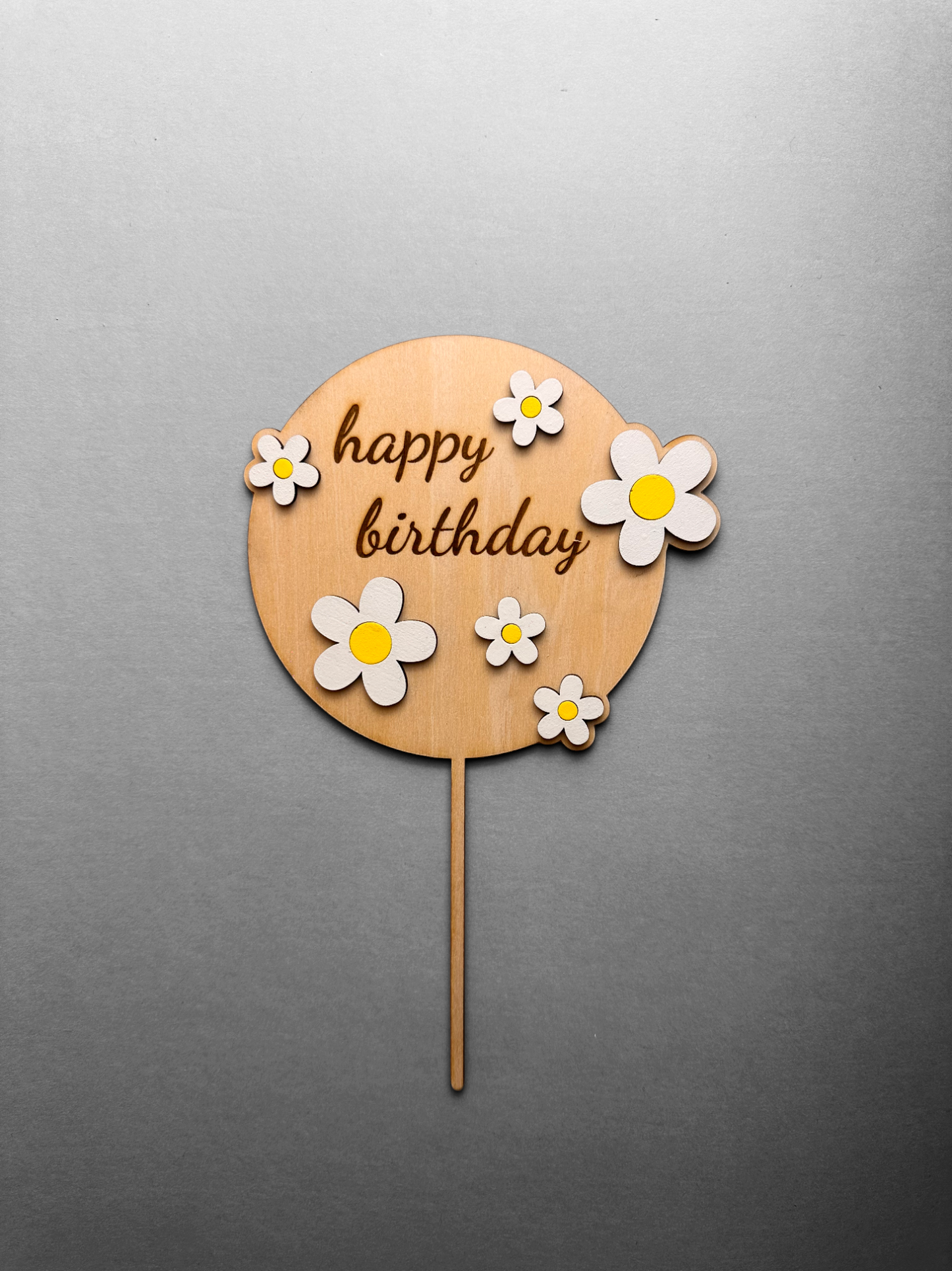 Rustic Wooden Happy Birthday Cake Topper with Daisies